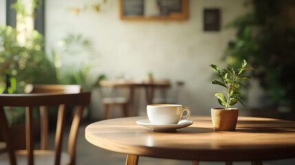 Cozy Minimalist Coffee Shop Ambiance with Wooden Table and Soft Lighting