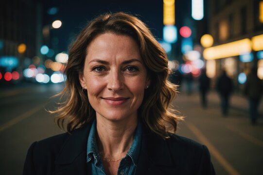 Close portrait of a smiling 40s American woman looking at the camera, American city outdoors at night blurred background