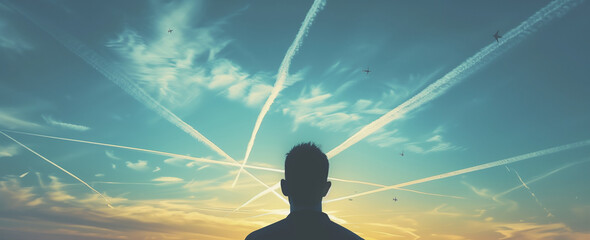 Person looking at the sky full of Chemtrails contrails