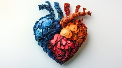 Naklejka premium Intricate paper art depicting a human heart in shades of blue, red, and orange. A unique and detailed creation.