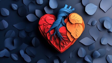 Intricate paper art depicting a heart with veins, surrounded by blue leaves. A creative and colorful representation of love and anatomy.
