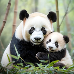 Fototapeta premium Mother panda cuddling with her adorable cub, warm emotions, surrounded by bamboo