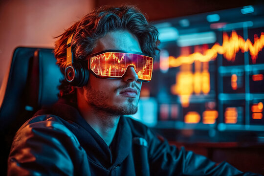 A young man wearing virtual reality goggles is making financial investments. Futuristic investment concept