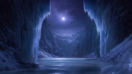 Frozen Cavern Under Starry Night Sky with Glimmering Ice and Calm Water