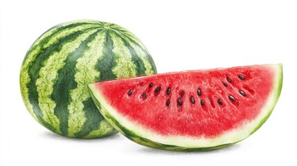Watermelon Watercolor Illustration: Isolated Slice in Hand-painted Red Color