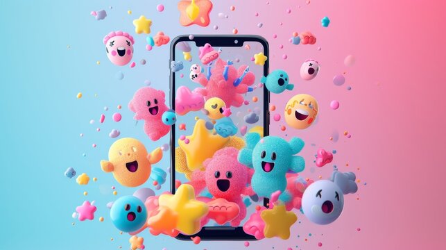 A colorful burst of 3D emojis emerges from a smartphone screen, showcasing joyful expressions and playful energy, embodying digital fun. AI generated.