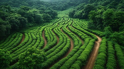 Dirt roads winding through a lush tea plantation create a mesmerizing wavy pattern, showcasing the beauty of agriculture and nature's harmony