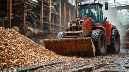 Fototapeta premium A red loader moves wood chips in an industrial setting, showcasing heavy machinery in action.