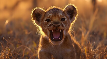 A young lion cub explores the Serengeti grasslands, a majestic sight of raw nature and untamed beauty