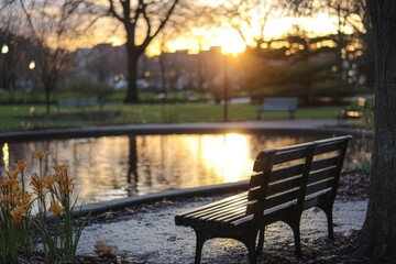 Obraz premium A quiet morning scene captures a park bench beside a still pond, bathed in soft sunlight, with daffodils nearby and a peaceful atmosphere enveloping the park.