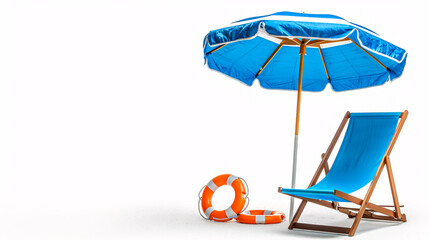 Deck chair, blue beach umbrella, and ring buoy isolated against a white background.