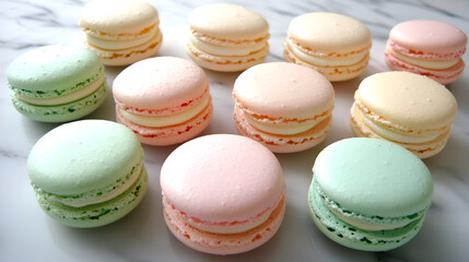 Obraz premium Colorful macarons arranged artistically on a marble surface, delightful dessert and culinary treat