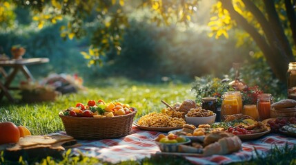 Delightful picnic spread with fresh fruits, delicious snacks, and cozy ambiance in a sunlit green garden setting.