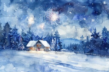 Beautiful winter night landscape with fireworks, snow-covered cabin, forest, starry sky, serene holiday scene, festive atmosphere, celebration concept
