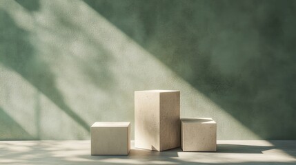 Minimalistic geometric shapes on a green background create a serene atmosphere with soft light casting gentle shadows.