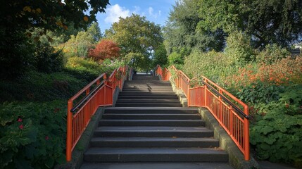 Obraz premium Colorful Steps Surrounded by Lush Greenery and Trees Under a Bright Sky