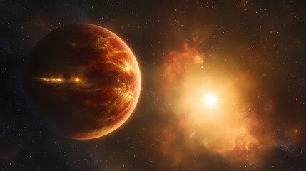 Stunning depiction of a radiant planet with a bright star in a vibrant cosmos, showcasing an awe-inspiring space scene filled with color and energy. Ecliptic. Illustration