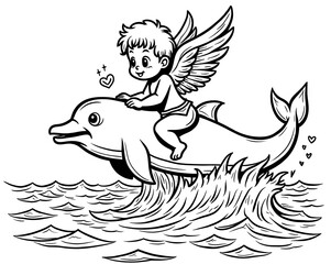 Fototapeta premium Cute Angel Boy Riding Happy Dolphin Coloring Page