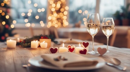 Romantic candlelit dinner table setting with wine glasses and hearts.
