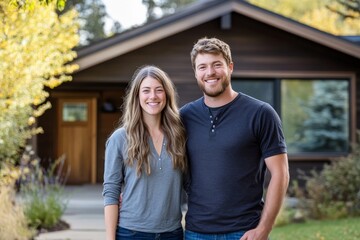 Obraz premium A smiling couple stands proudly in front of their contemporary home, conveying confidence and accomplishment in an idyllic suburban setting.
