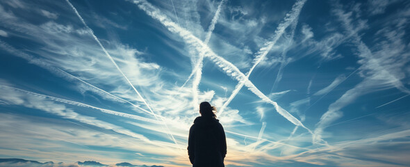 Person looking at the sky full of Chemtrails contrails