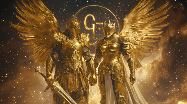 Zodiac sign gemini, heroic golden couple with intricate armor, powerful presence, celestial background. Ecliptic. Illustration