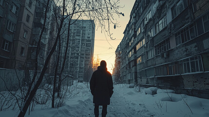 Silhouette of a person walking through a snowy urban alley surrounded by tall apartment buildings at sunset