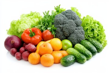 A vibrant arrangement of vegetables including tomatoes, broccoli, leafy greens, peppers, onions, and cucumbers, showcasing the freshness of garden produce.