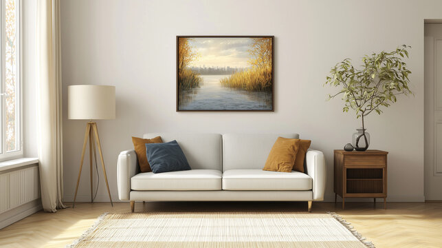 Modern living room interior with white sofa, wooden furniture, and framed landscape art on the wall
