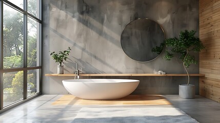 A contemporary bathroom featuring a round freestanding bathtub, a large circular mirror, and a wooden shelf against a textured concrete wall.