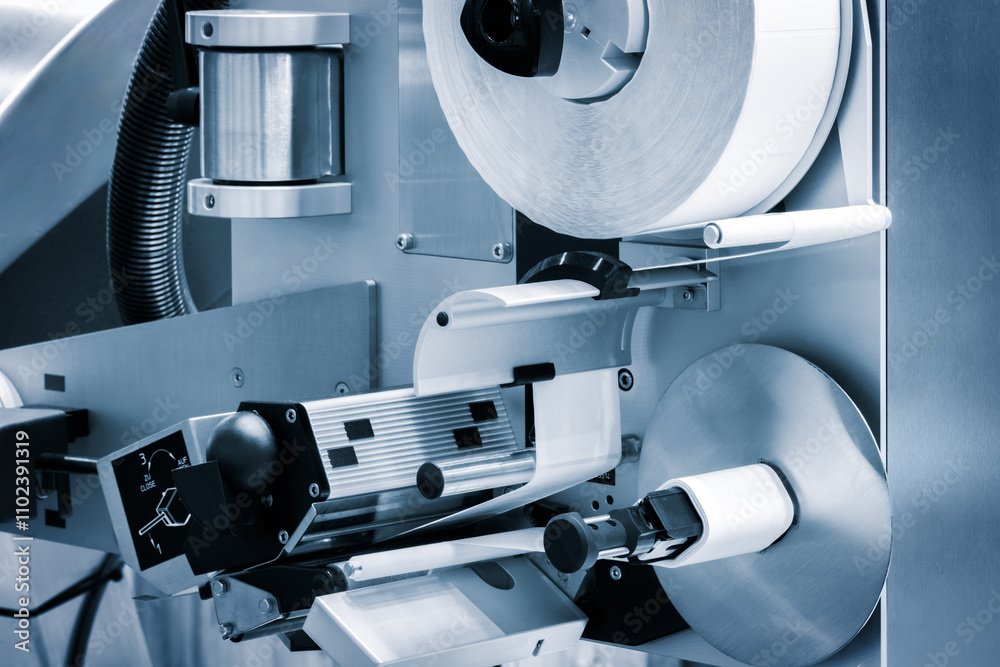Poster fragment of the conveyor of sticking labeling machine. abstract industrial background.
