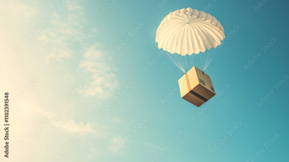 Poster white parachute delivering cardboard box with shipping label attached, gently floating down from blu