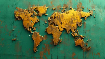 A 3D rendered world map with a weathered, rusty texture on a distressed green metal surface. The aged design adds an artistic, industrial feel to the image. AI generated.