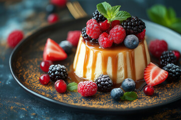 A minimalistic dessert featuring a caramel-topped panna cotta surrounded by fresh berries and mint leaves on a dark plate