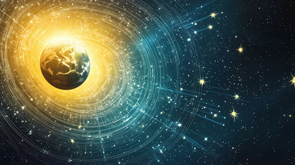 Ecliptic plane illustration: earth's orbital path around the sun featuring zodiac constellations and celestial mechanics. Ecliptic. Illustration