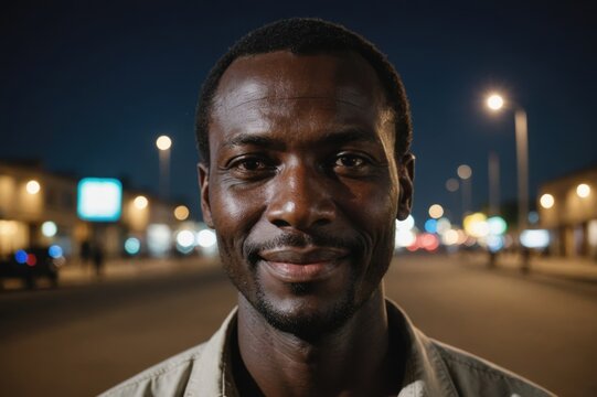 Close portrait of a smiling 40s Chadian man looking at the camera, Chadian city outdoors at night blurred background