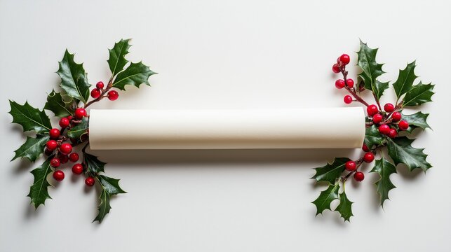 A minimalistic composition featuring a partially rolled parchment surrounded by holly leaves and red berries - Powered by Adobe