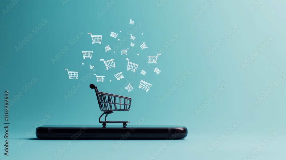 Poster Miniature shopping cart on a smartphone with many shopping cart icons floating above it, representing the concept of online shopping and e commerce on a vibrant teal background