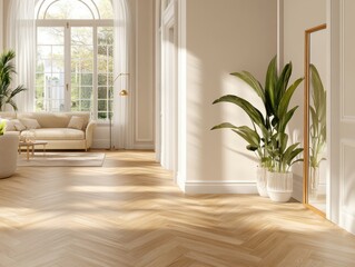 Sophisticated tropical lounge mockup with light-filled design