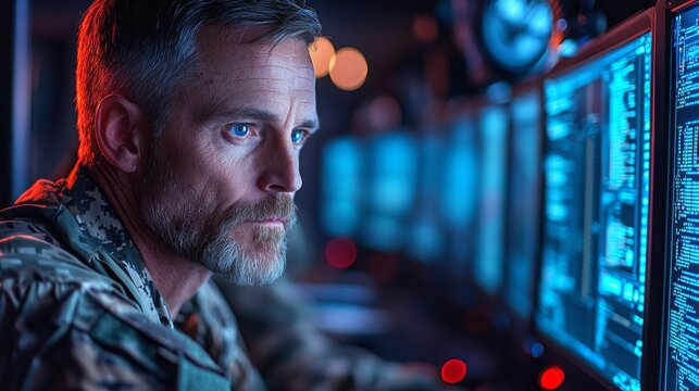 Veteran working diligently in a quiet office cubicle surrounded by multiple computer monitors