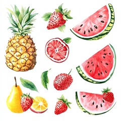Collection set watercolor refreshing summer fruits like watermelon, pineapple, and strawberries