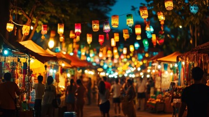 Colorful night market with glowing lanterns, lively atmosphere and bustling crowds, creating a vibrant cultural experience.