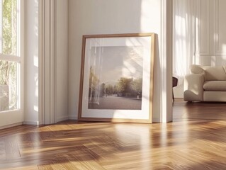 Fototapeta premium Tropical workspace mockup with framed greenery and rustic furniture