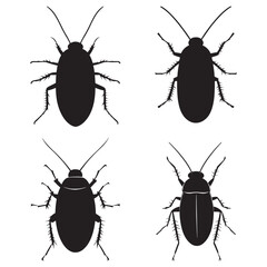 Cockroach Silhouette Vector Illustration, Black Cockroach Silhouette Icon Set, Creepy Cockroach Silhouette on White Background.