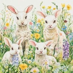 Collection set watercolor pastel lambs and rabbits in fields of spring wildflowers