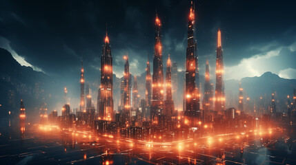 Fototapeta premium A futuristic cityscape illuminated by glowing towers against a dramatic sky, creating a mesmerizing blend of light and shadows.