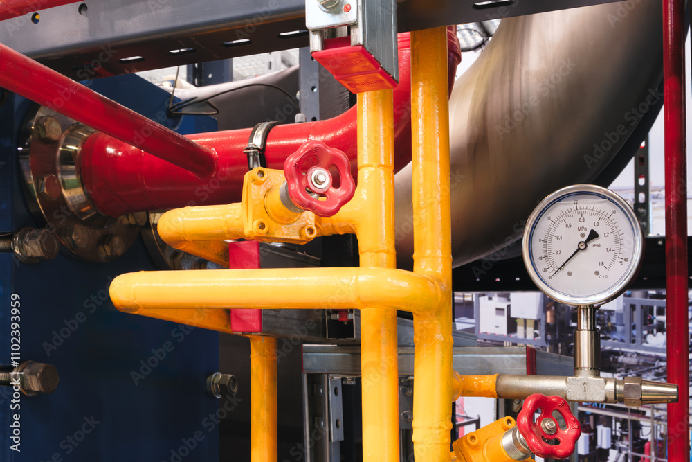 Poster part of a large industrial system with pipes, valves, measuring sensors and high pressure gauges. in