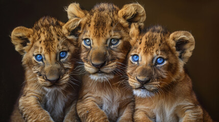 Obraz premium 3 lion cubs, with blue eyes one on top of the other, photographed with a state-of-the-art camera, on a golden black background.