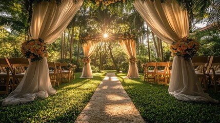 Romantic outdoor wedding ceremony setup.  Aisle lined with chairs and draped fabric, adorned with peach and cream flowers.  Sunlight streams through the trees, creating a magical atmosphere.