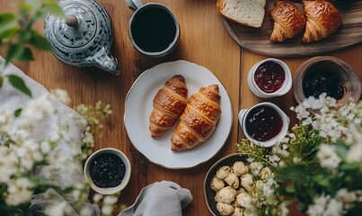 A beautifully arranged breakfast table with freshly brewed coffee, croissants, and a selection of jams, capturing the essence of a leisurely weekend morning